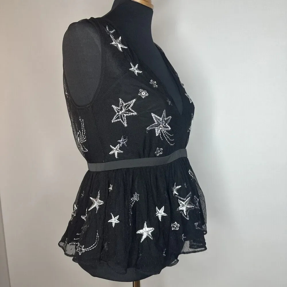 Vintage Express Embroidered Star Black Peplum VNeck Sheer Tank Rhinestones Sz 4 - Picture 4 of 13